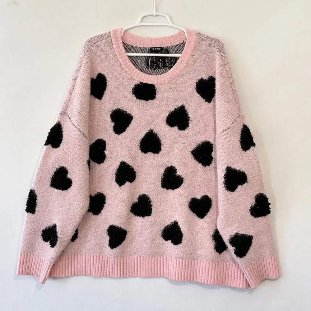 Torrid Sweater Women’s Plus 2X Oversized Baggy Pink Hearts Soft Comfy Snuggly